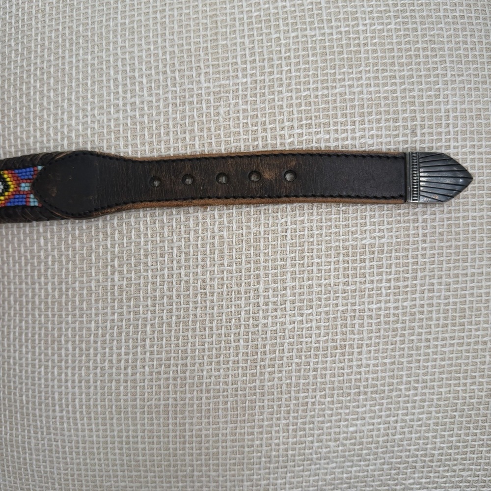 VTG Beaded Leather Belt Size 30 Southwestern Aztec Silver Buckle Country Western - Picture 10 of 16